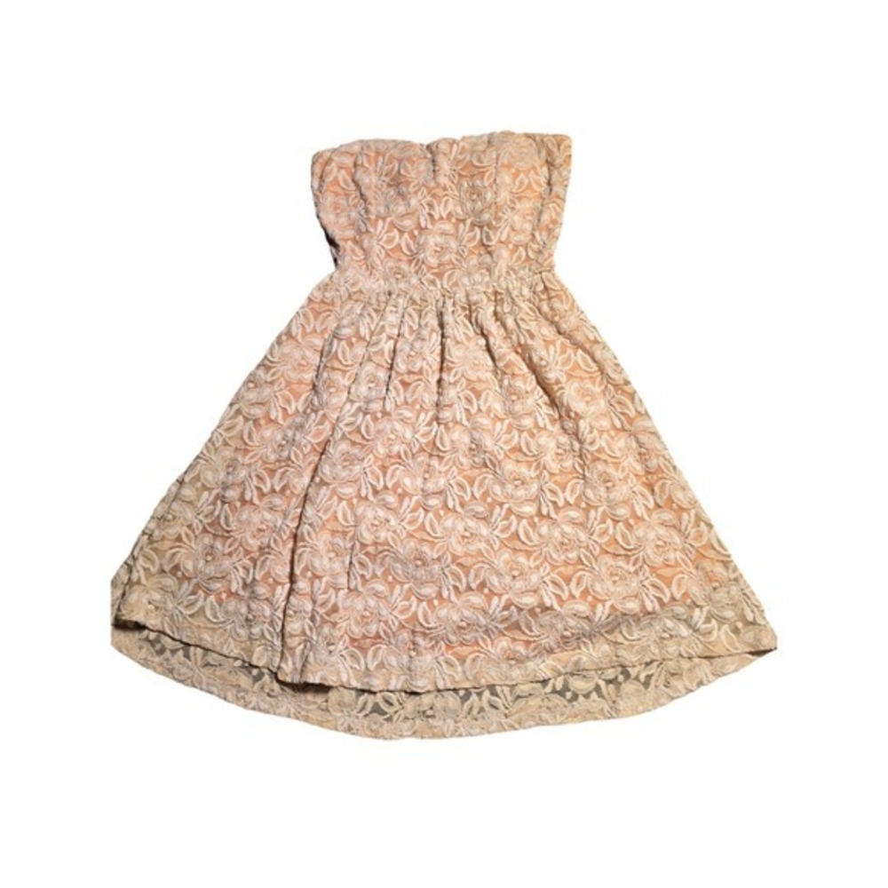 Y2k Deb Strapless Lace Mini Dress Peach Ivory Bow Back Cutout Skater Party Dress